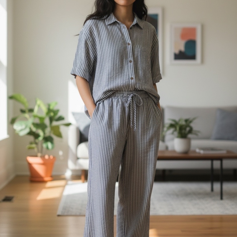 NWOT Active USA 🇺🇸Blue and White Striped Women's Set - Picture 1 of 5